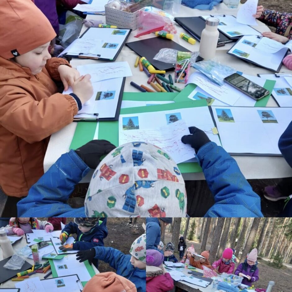 Bērni siltās virsdrēbēs sēž pie galdiem mežā un piedalās āra nodarbībā. Viņi zīmē un raksta uz lapām, kurās redzami dažādu koku attēli, piemēram, priede un lapu koks. Uz galdiem izvietoti arī krītiņi un citi mākslas piederumi.