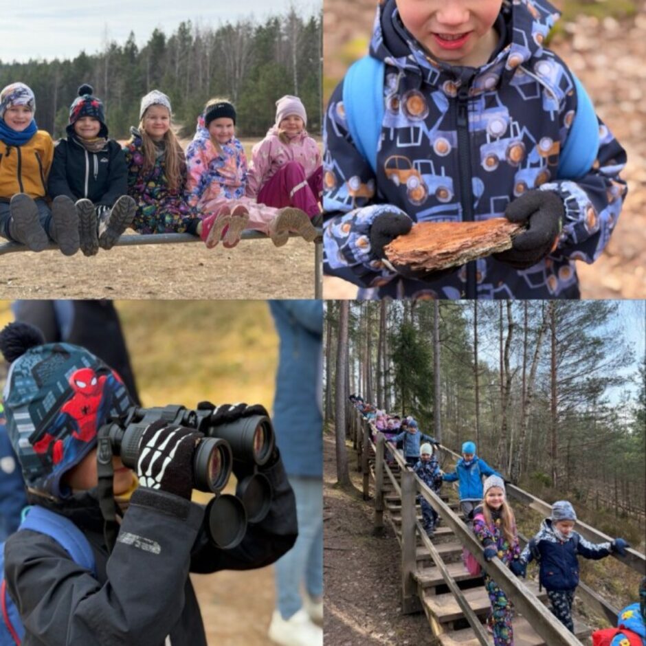 Bērnu grupa pārgājienā mežā, izpētot dabu, vērojot ar binokli, kāpjot pa koka kāpnēm un baudot skatu uz daļēji aizsalušu ezeru no skatu platformas.