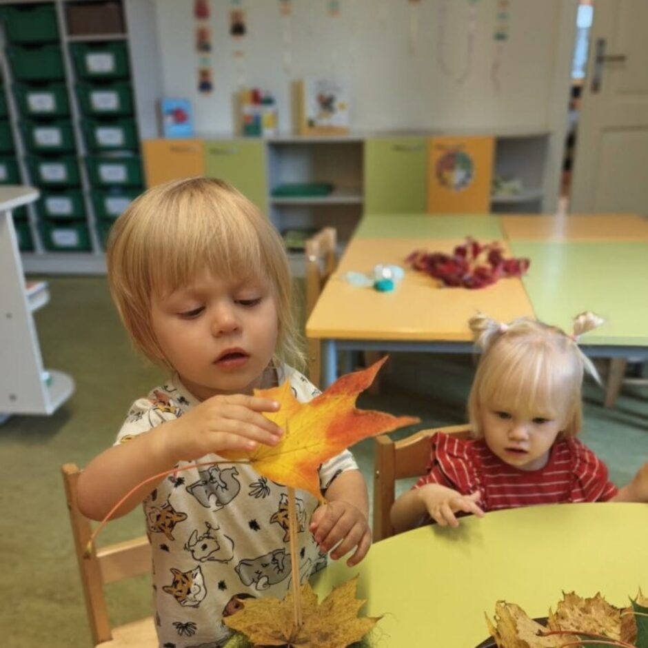 Divi mazi bērni gaišā klasē nodarbojas ar rudens lapu veidošanu. Blonds zēns stāv pie dzeltena galda, uzmanīgi turot spilgtu oranždzeltenu kļavas lapu, kas ir daļa no rudens lapu dekorācijas. Blonda meitene ar bizēm sēž pie galda, skatoties uz rokdarbu. Uz galda ir arī paplāte ar dabīgām rudens lapām.