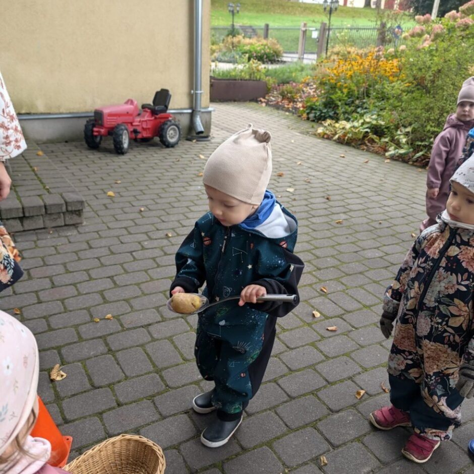 Mazs bērns gaiši brūnā cepurē un tumši zilā kombinezonā ar zvaigžņu rakstu tur kartupeli uz liela karotes, spēlējoties uz bruģēta pagalma. Viņa tuvumā ir pīts grozs ar vēl vienu kartupeli un citi bērni. Fonā redzams sarkans rotaļu traktors un dārzs ar ziediem.