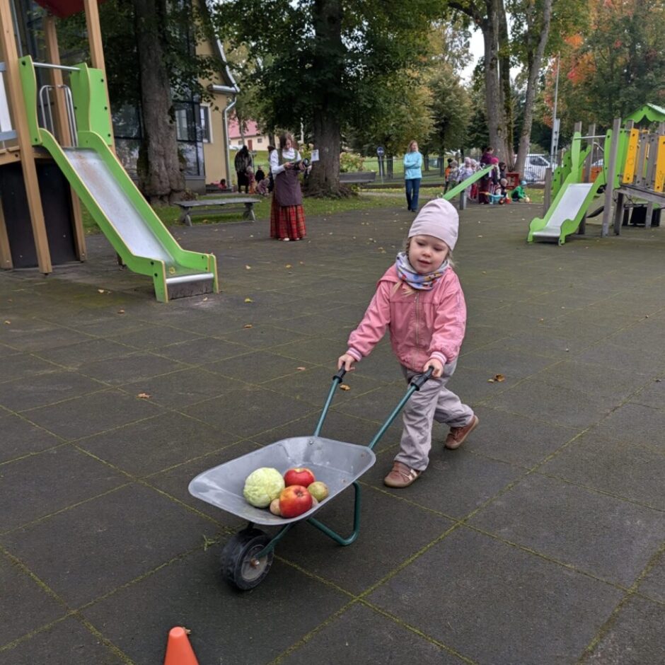 Maza meitene rozā jakā stumj bērnu ķerru ar kāpostu un āboliem pa rotaļu laukumu, fonā redzami citi cilvēki un rotaļu aprīkojums.